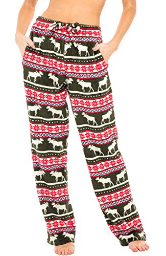 Alexander Del Rossa Women's Warm Fleece Pajama Pants, Long Lounge Bottoms, Large Red Winter Moose (A0432V90LG)