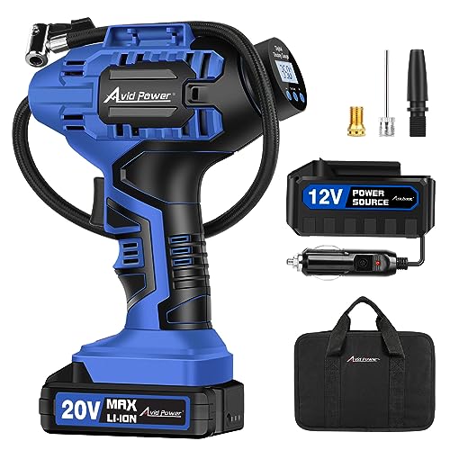 Avid Power Cordless Tire Inflator Portable Air Compressor, 20V Rechargeable Battery Tire Pump w/ 12V DC Power Adapter, Digital Pressure Gauge, Auto Air Pump for Many Inflatables (Blue)