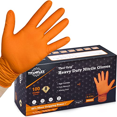 TITANflex Thor Grip Heavy Duty Industrial Orange Nitrile Gloves 8-mil Disposable Latex Free with Raised Diamond Texture Grip, Powder Free, Rubber Mechanic Gloves,100-ct Box (Large)