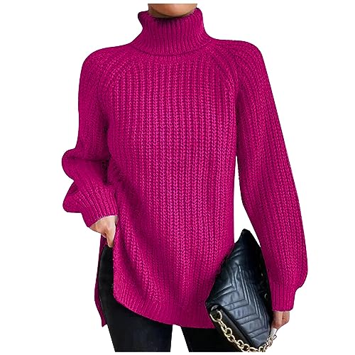 Oversized Sweaters for Women Loose Fit Long Sleeve Tops Dressy Casual Turtleneck Sweaters Pullover Womens Fall Fashion 2023 Trendy Chunky Knitted Plus Size Blouses Winter Clothes(4A-Hot Pink,3X-Large)