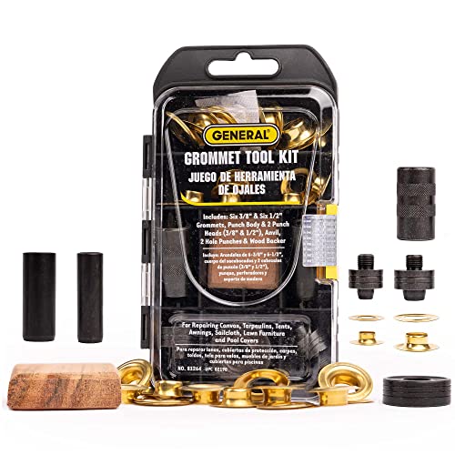 General Tools 3/8'-1/2' Grommet Kit - Rustproof Solid Brass Grommets for Tarp Repair, Reinforcing Canvases, and Fabric Rings