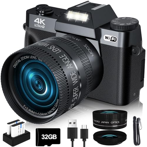 2024 Upgrade VJIANGER Digital Camera for Photography 4K 56MP Vlogging Camera for YouTube with WiFi, 180 Degree Flip Screen, 16X Digital Zoom, 52mm Lens, 2 Batteries, 32GB TF Card(W02-Black35)