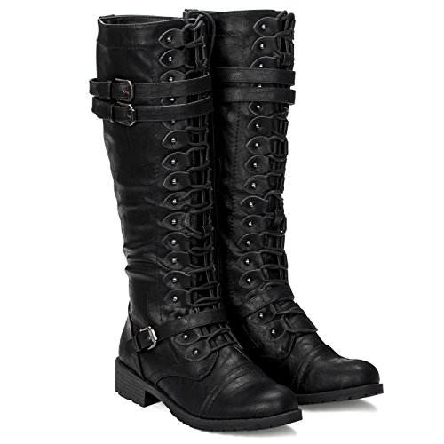 ILLUDE Women's Knee High Lace Up Buckle Military Combat Boots (10, Black)