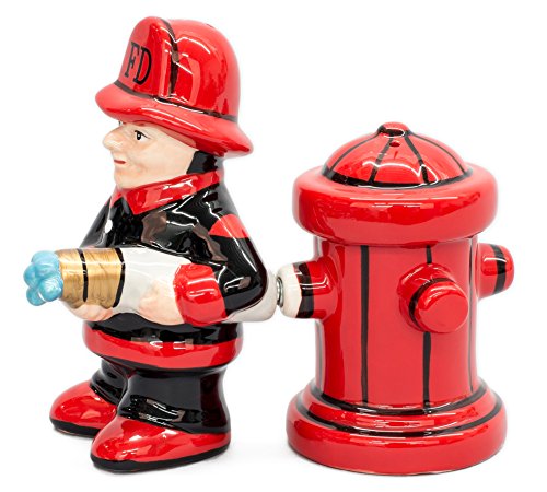 Fireman with Hose and Hydrant 4 Inch Ceramic Magnetic Salt and Pepper Shaker Set Novelty Gift