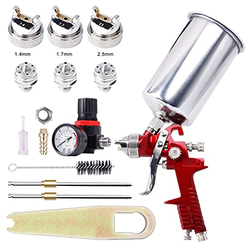BANG4BUCK High Performance HVLP Gravity Feed Spray Gun with 1.4mm 1.7mm 2.5mm Fluid Tips, 1000cc Aluminum Cup for Auto Paint, Primer, Clear/Top Coat & Touch-Up