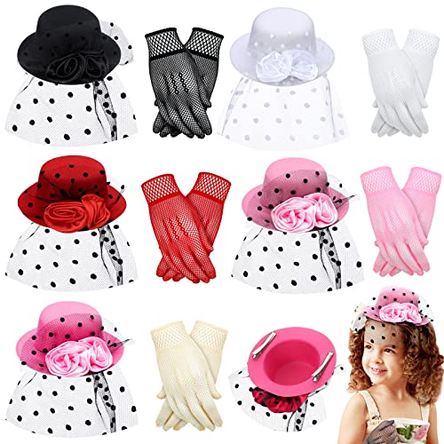 Chunyin Tea Party Hats for Little Girls Mini Hat Hair Clip Fascinator Veil Mesh Hat Tea Party Supplies with Gloves Elegant Lace Gloves for Girls Kids Children 5.3'' diam