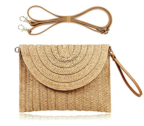 COOKOOKY Straw Clutch Handbag Summer Beach Straw Purse for Women woven Envelope Bag (Light brown bag)