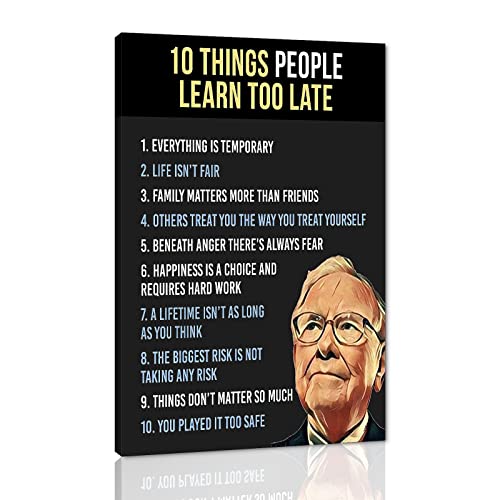 Warren Buffett Quotes Ten Things People Learn Too Late Motivational Framed Office Wall Art Poster and Print Inspirational Home Wall Decoration Pictures Framed Easy to Hang-12'Wx18'H