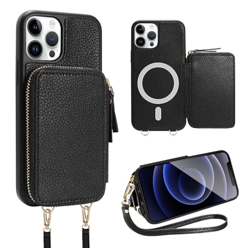 ZVE iPhone 15 Pro Wallet Case Magsafe, Crossbody Magnetic Phone Case with Card Holder Wrist Strap for Women, Zipper Leather RFID Blocking Cover for iPhone 15 Pro, 6.1'-Black