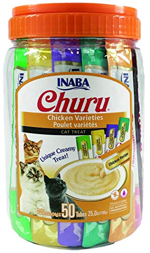 INABA Churu Cat Treats, Grain-Free, Lickable, Squeezable Creamy Purée Cat Treat/Topper with Vitamin E & Taurine, 0.5 Ounces Each Tube, 50 Tubes, Chicken Variety