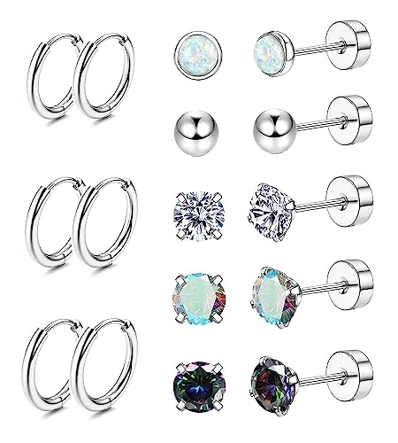 Jstyle Surgical Steel Earrings for Sensitive Ears - Hypoallergenic 20G Stainless Stud and CZ Hoop Earrings for Women and Men - Silver Tone