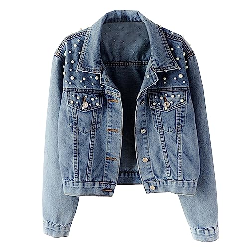 Hixiaohe Women Loose Embroidered Pearls Beading Cropped Denim Jacket Jean Coat (Blue, M)