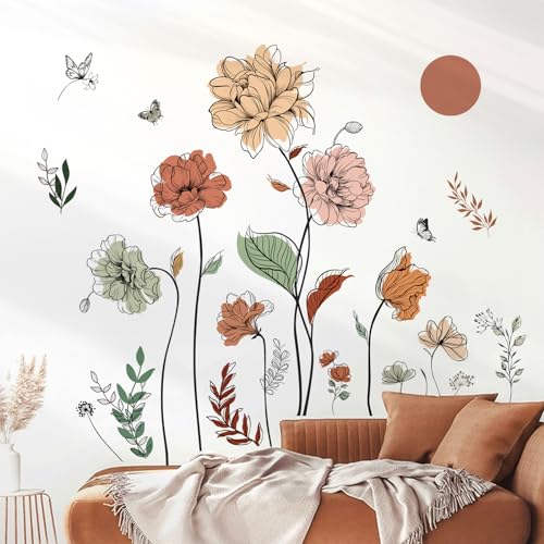 decalmile Boho Flower Wall Decals Floral Plants Grass Wall Stickers Living Room Bedroom Nursery Wall Decor Gifts for Mom