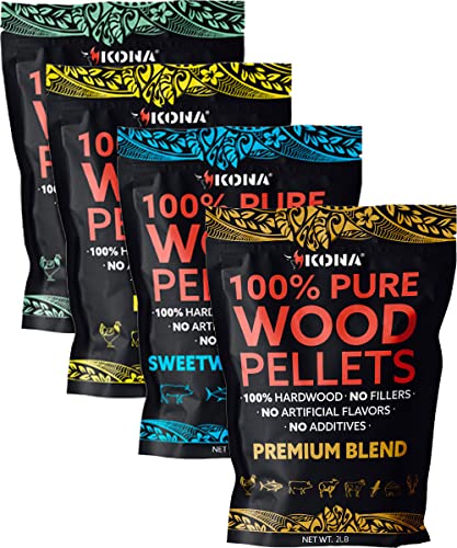 Kona All-Purpose Wood Pellets Variety Pack, Intended for Ninja Woodfire Outdoor Grill, Hickory, Oak, Premium Blend & Sweetwood Blend, 4, 2 lb Resealable Bags