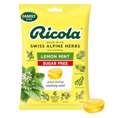 Ricola Sugar Free Lemon Mint Throat Drops, 45 Count, Refreshing Relief From Minor Throat Irritations, Oral Anesthetic