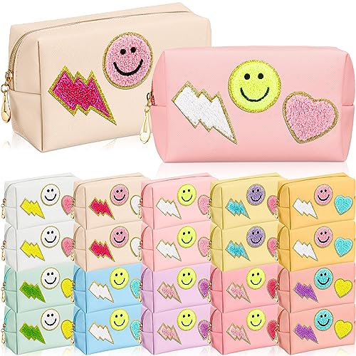 Sanwuta 20 Pieces Preppy Patch Makeup Bag Bulk Chenille Letters Bags PU Leather Aesthetics Cosmetic Organizer Smile Lightning Heart Toiletry Pouch Portable Waterproof Zipper Storage Purse for Women