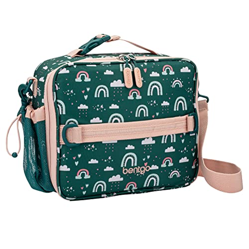 Bentgo Kids Lunch Bag - Durable, Double Insulated, Water-Resistant Fabric, Interior & Exterior Zippered Pockets, Water Bottle Holder - Ideal for Children 3+ (Green Rainbow)