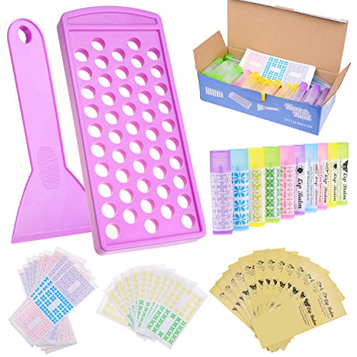 Lip Balm Crafting Kit - Easy Lip Balm Filling Tray and Spatula - 50 Empty Lip Balm Tubes with Caps (10x5 Colors) - 3/16 Oz (5.5 ml) - 50 Writeable and 50 Printed Stickers - M