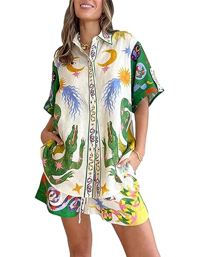 Peaceglad Women's Print 2 Piece Pajama Set Short Sleeve Button Down Tops Drawstring Shorts Loungewear Sleepwear Sets(Green,M)