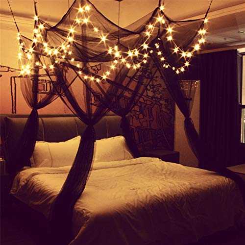 8 Corner Bed Canopy with 100 LED Star String Lights Battery Operated, Bed Netting Unique Style 4 Door Square Canopy Bed Curtains Canopy - Suggested for Twin Full Queen King Bed