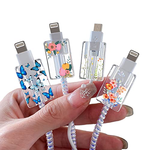 Cute Floral Cable Protector for iPhone Charger Red Rose Wild Flower Bouquet Butterfly Cherry Blossoms Pattern 4 pcs Set Charging Cord Phone Saver