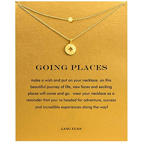 Message Card Gold Dainty Layered Compass Necklace Friendship Key Good Lucky Elephant Pearl Circle Pendant Necklace for Women Gift Card (Gold Compass)