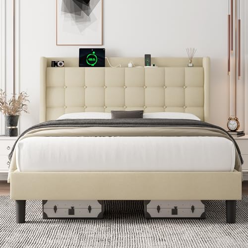 Feonase Full Size Bed Frame with Charging Station, Upholstered Platform Bed Frame with Wingback Storage Headboard, No Box Spring Needed, Easy Assembly, Beige