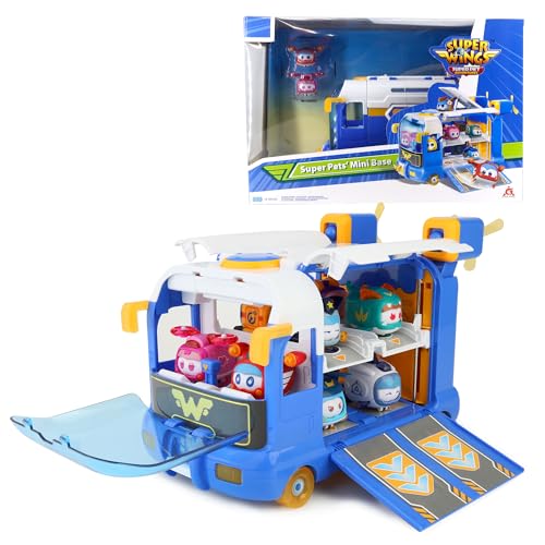 Super Wings Season 7 New Super Pets’ Mini Base，Transforming Playset Transform from Bus to Aircraft , with Super Pets Jett Dizzy, Role Play Toys for Kids, Gifts for Girls Boys Age 3 and Up