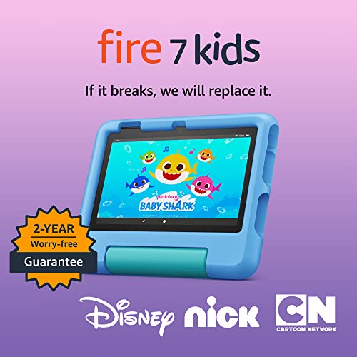 Amazon Fire 7 Kids tablet, ages 3-7. Top-selling 7' kids tablet on Amazon - 2022 | ad-free content with parental controls included, 10-hr battery, 16 GB, Blue