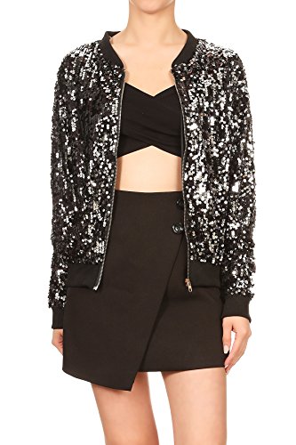 Anna-Kaci Womens Sequin Jacket Bomber Coat 1989 Slitter Outfit For Concert Party, Black+Silver, XX-Large