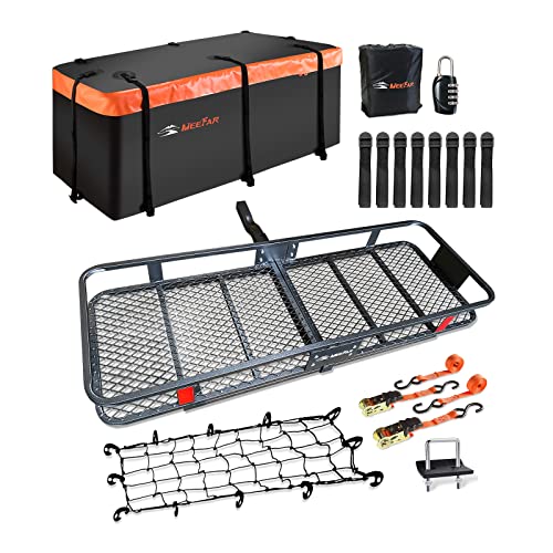 MeeFar Folding Hitch Mount Cargo Carrier Basket 60' X 20' X 6'+Waterproof Cargo Bag 16 Cubic Feet(58' 19' 24'),Hauling Weight Capacity of 500 Lbs and A Folding Arm.with Hitch Stabilizer,Net and Straps