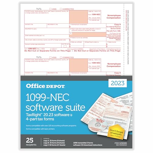 Office Depot Brand 1099-NEC Laser Tax Forms with Software, 4-Part, 3-Up, 8-1/2' x 11', Pack of 25 Form Sets