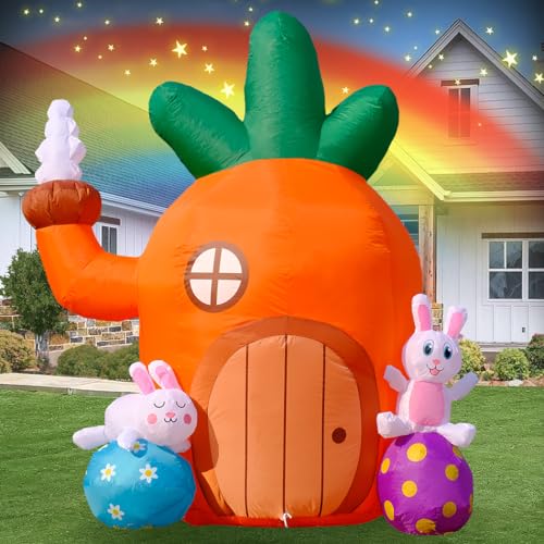 6FT Easter Inflatables Bunny and Carrot House Outdoor Decorations- 9 Upgrade LEDs Blow Ups Yard Decor for Garden Party, Family-Friendly Inflatable Decoration with Eggs