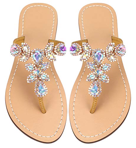 Hinyyrin Women's Summer Rhinestone Bling Wedding Sandals,Glitter Jeweled Sandals,Dressy Flat Sandals,Beach Flip-Flops, Size 9 Gold