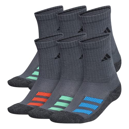 adidas Kids-Boy's/Girl's Cushioned Angle Stripe Crew Socks (6-Pair), Onix Grey/Pulse Blue/Vivid Red, Large