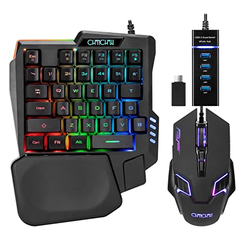 One Handed Half Keyboard Mouse USB Spilitter Type-C Adapter Gaming Combo with RGB LED Backlit 7200DPI CPI Customize 4 Port Adapter Mini Size Small Wired Set for LOL/Wow/fortnite/Dota/PUBG