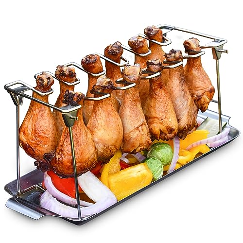 Chicken Leg Rack for Grill with Drip Tray - Easy to Use 12 Slots Chicken Wing Rack - Premium Stainless Steel Chicken Drumstick Rack for Smoker - Chicken Drumstick Holder for Grill Accessories