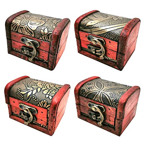 Markeny 4 Styles Pattern Wooden Rings Case Box Little Treasure Chest Vintage Handmade Box with Mini Metal Lock for Storing Jewelry Treasure Pearl