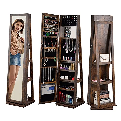 BOSTANA Jewelry Armoire 65' H,Full Length Mirror 360° Swivel, Storage Shelves, Lockable Standing Jewelry Cabinet Organizer with Large Storage Capacity,living room,bedroom(Rustic Brown)