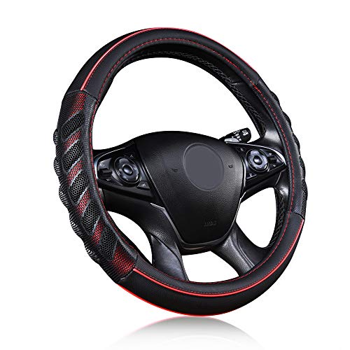 Flying Banner car Steering Wheel Cover Faux Leather Massage Universal fit 3D Honeycomb Hole Anti-Slip Sporty 15 Inches (Red Black)