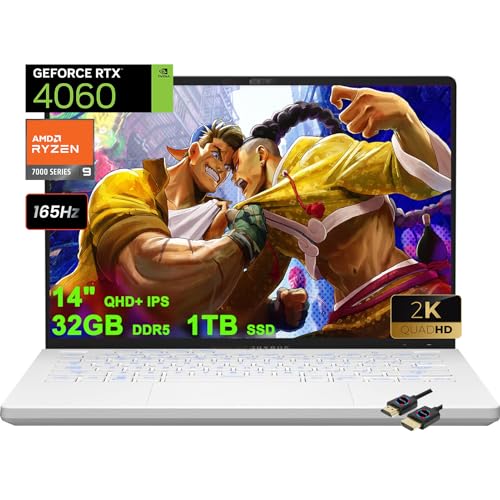 Asus ROG Zephyrus G14 Gaming Laptop | 14' QHD+ 165Hz 500nits | AMD 8-Core Zen4 Ryzen 9 7940HS (i9-12900H) | 32GB DDR5 1TB SSD | GeForce RTX 4060 8GB | Backlit Fast Charging Win11 White + HDMI Cable