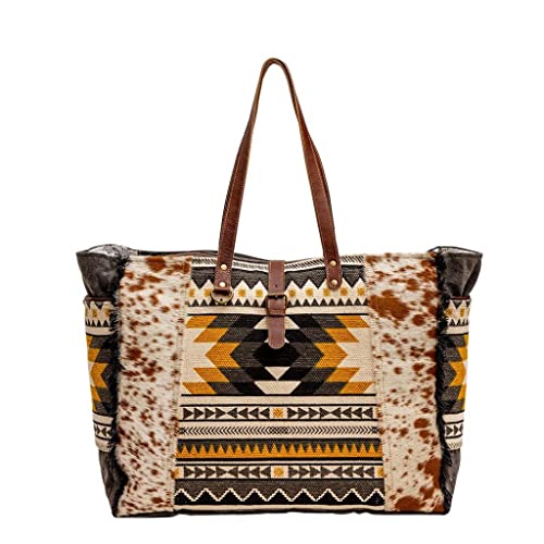 Myra Bag Western Leather Weekender Bag for Women - Cotton & Upcycled Canvas Boho Shoulder Bag Trilang