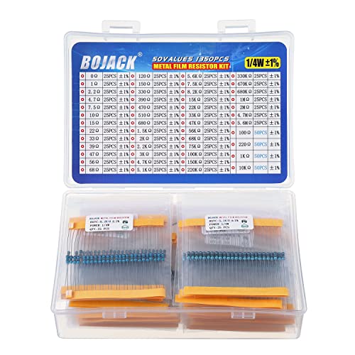 BOJACK 50 Values 1350 Pcs Resistor Kit 0 Ohm-5.6M Ohm with 1% 1/4W Metal Film Resistors Assortment