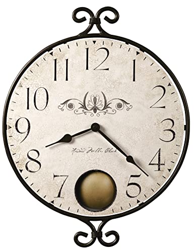Howard Miller Randall Wall Clock 625-350 – Wrought-Iron Frame with Warm-Gray Finish, Peep Hole Antique Brass Pendulum at The Six Position, Quartz Movement