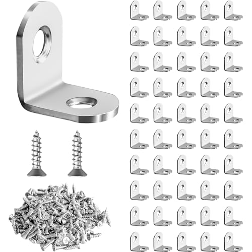 50 Pcs L Bracket Corner Brace MONKIPAER Metal Corner bracket 90 Degree Angle Stainless Steel Bracket with 100 Pcs Screws for securing wooden frames tables chairs bed furniture and other DIY structural