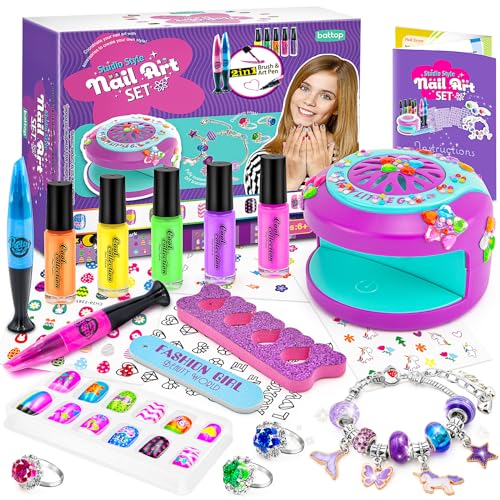 BATTOP Kids Nail Polish Kit for Girls Ages 7-12 Years Old - Nail Art Studio Set - Cool Girly Gifts with Nail Polish, Pen, Dryer, Sticker, Charm Bracelet Making Kit & Ring