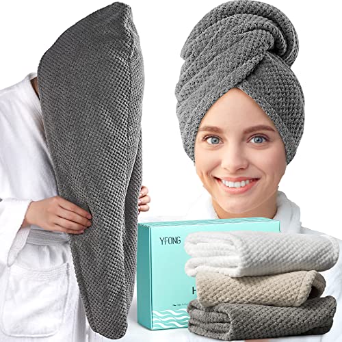 YFONG 3 Pack Large Microfiber Hair Towel Wrap, 30' x 10' Anti Frizz Quick Dry Hair Towels for Women Long, Curly, Thick Hair, Super Absorbent Hair Turban for Wet Hair (Grey, White, Camel)