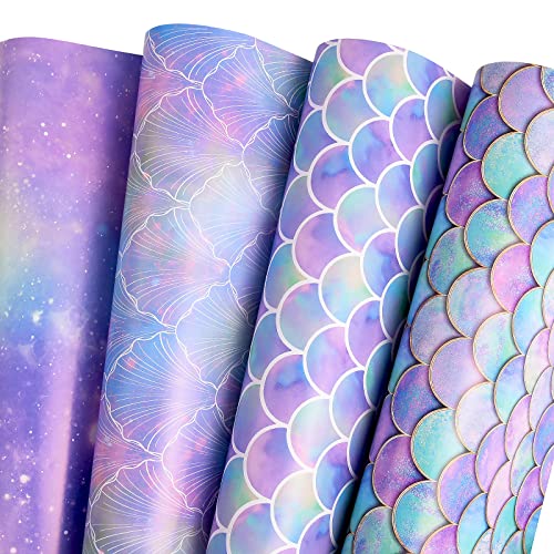 PlandRichW Birthday Wrapping Paper Folded for Girls Kids Baby Women Mermaid Scale Scallop Galaxy 4 Styles of Gift Wrapping Paper for Weddings Graduation Anniversaries 12 Sheets 20 X 29 Inch