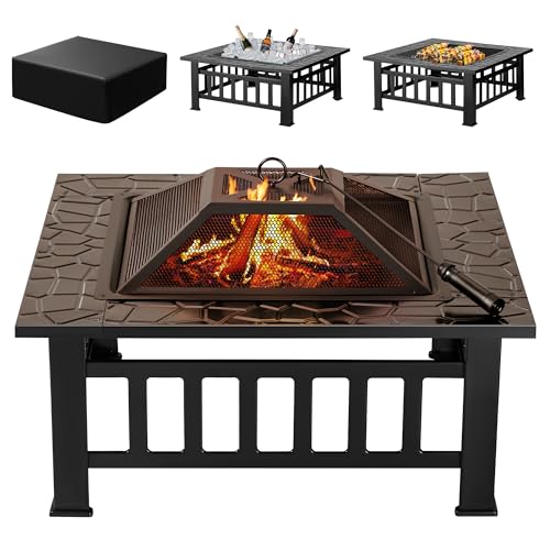 Devoko 32 inch Metal Outdoor Fire Pit Table Multiuse Square Patio BBQ Firepit with Spark Screen Lid and Waterproof Cover for Camping, Outside Wood Burning and Picnic Black