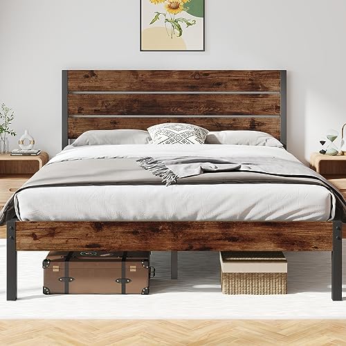 Fluest Queen Bed Frame with Headboard and Footboard, with Under Bed Storage, All-Metal Support System, No Box Spring Needed, Easy Assembly,Rustic Brown